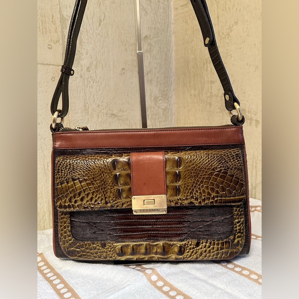 Brahmin Green and Brown Shoulder Bag with matching wallet